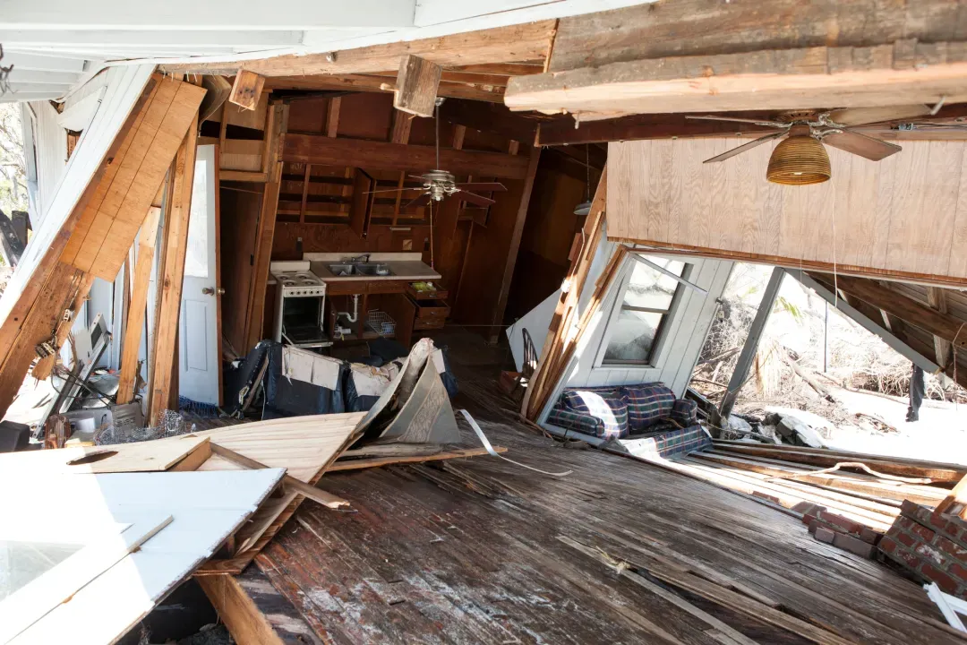 Structural damage inside a home after a storm