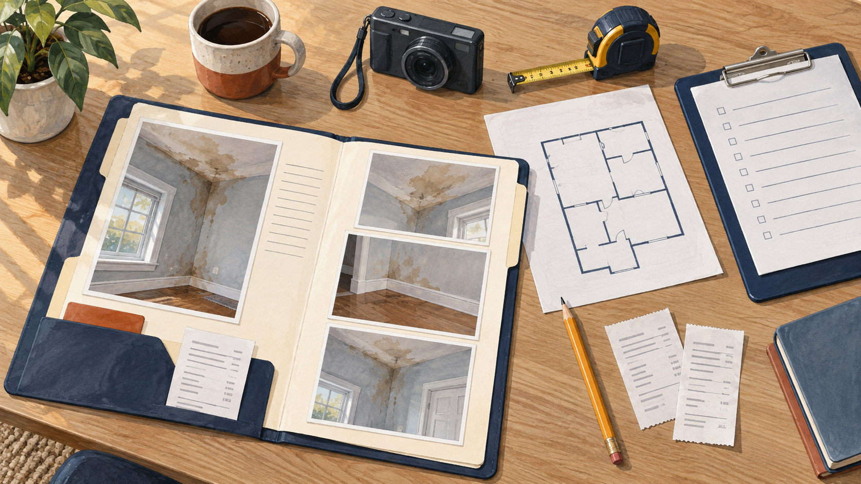 Illustration of damage photos, a floor plan, receipts, and measuring tools organized for a property insurance claim.
