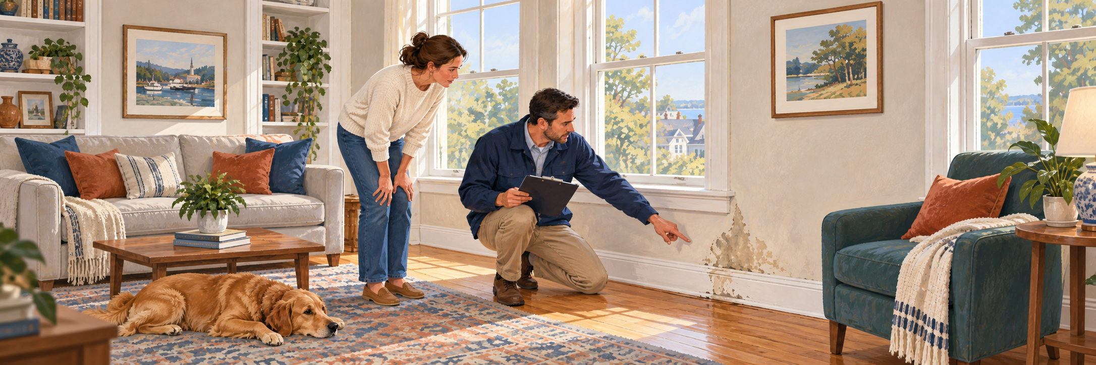 Illustration of a homeowner and public adjuster examining water damage inside a home.