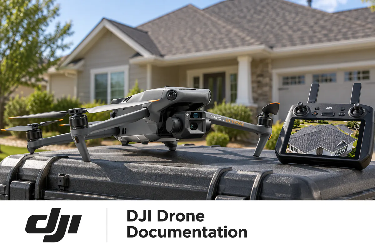 DJI drone and remote controller showing an aerial view of a house roof